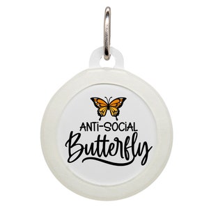 Anti-Social Butterfly Pet ID Tag, Funny Dog Name Tag, Personalized Cat Tag, Custom Pet Tag for Dogs, Cute Pet Collar Charm, Puppy Name Tag