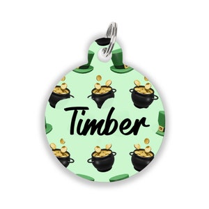 Custom St. Patrick&#39;s Day Pet ID Tag - Lucky Shamrock Name Tag for Dogs, Puppies, Cats & Kittens - Engraved Pot of Gold Pet Collar Tag
