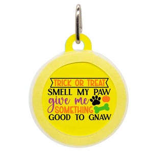Trick or Treat Dog ID Tag - Halloween Pet Tag for Dogs & Puppies, Custom Engraved Name Tag, Cute Fall Dog Collar Charm, Festive Pet ID