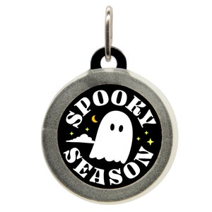 Spooky Season Halloween Pet ID Tag for Dogs & Cats - Cute Ghost Name Tag, Custom Engraved Pet Tag, Fun Halloween Dog Collar Charm