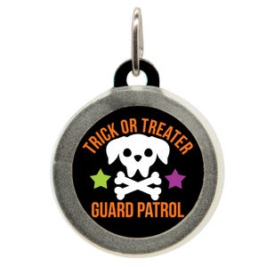 Halloween Dog ID Tag - Trick or Treater Guard Patrol Tag, Custom Engraved Pet Tag, Spooky Puppy Collar Tag, Funny Halloween Dog Tag
