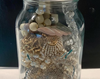 Jar of Vintage Jewelry pearls necklace pins bracelet