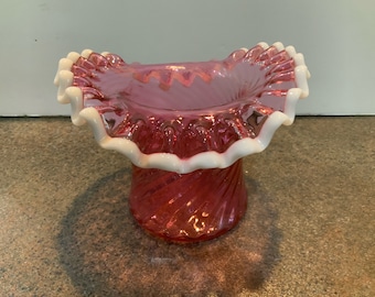 Vintage Fenton cranberry swirl hat shape with white rim glass small vase