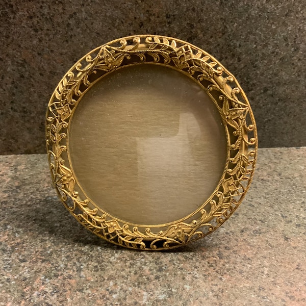 Antique Round Miniature Picture Frame Antique Brass Filigree border 1920’s 3 5/8”