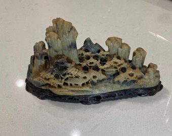 Vintage Hand Carved Soapstone Mountains Trees and Temple