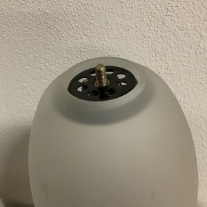 Può includere: Un paralume in vetro smerigliato con un raccordo in metallo nero e un'asta filettata. Il paralume ha una forma ovale e una superficie liscia. Il raccordo metallico presenta diversi fori.