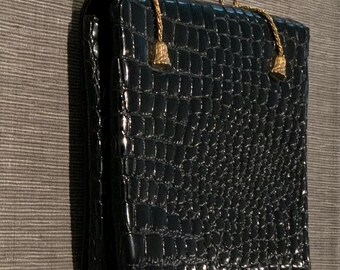 Antique Faux Crocodile Art Deco Black Purse Gold Handle Flapper Bag 1920’s 6.5” x 6.5”