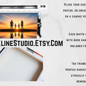 May include: A white large-format printer producing a canvas print of a family silhouette at sunset, alongside a close-up of a wooden canvas frame corner. Text reads: BRICKLINESTUDIO.ETSY.COM, Place your custom artwork, photos, or creative projects.