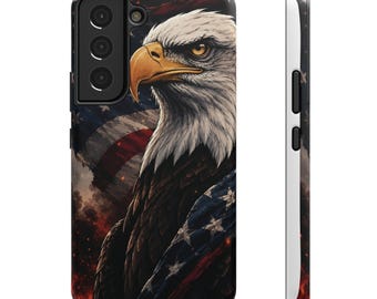 Patriotiskt skal med skallig örn för Samsung Galaxy S22 S23 S24 S25 S26 Ultra Plus | Tufft mobilskal med amerikansk flagga | USA Eagle Art