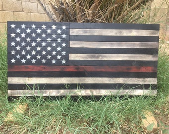 Charred Wood Thin Red Line American Flag - Firefighter Gift