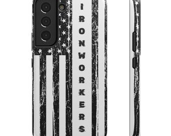 Amerikansk flagga för Ironworkers Samsung Galaxy-skal S22 S23 S24 S25 S26 Ultra Plus | Patriotiskt, tufft mobilskal med nödställda USA-motiv