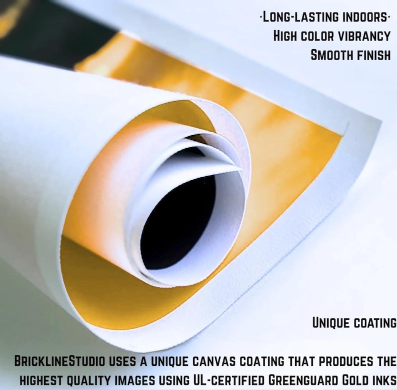 May include: A rolled white canvas sheet with a golden yellow interior surface. Text on the image reads: LONG-LASTING INDOORS, HIGH COLOUR VIBRANCY, SMOOTH FINISH, UNIQUE COATING, BRICKLINESTUDIO USES A UNIQUE CANVAS COATING THAT PRODUCES THE HIGHEST QUALITY IMAGES USING UL-CERTIFIED GREENGUARD GOLD INKS.