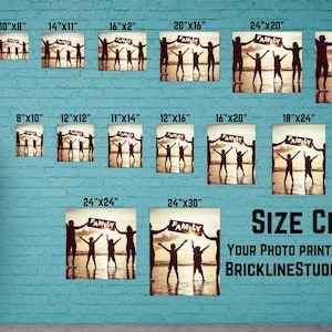 May include: A size chart for custom canvas prints featuring a silhouette of a family holding a sign that reads FAMILY on a beach at sunset. The chart displays various rectangular dimensions in inches, ranging from 10x8 to 24x30 inches.