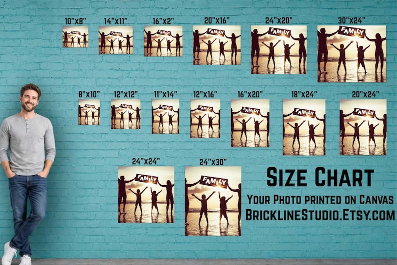 May include: A size chart for custom canvas prints featuring a silhouette of a family holding a sign that reads FAMILY on a beach at sunset. The chart displays various rectangular dimensions in inches, ranging from 10x8 to 24x30 inches.