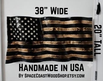 3D Wavy Black and White Wooden American Flag Carved Wood American Flag Rustic American Wooden Flag Patriotic Wall Art Decor Gift for Dad