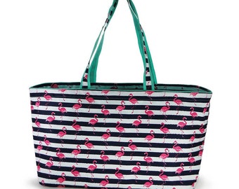 Personalized Carryall Large Tote Bag Beach Bag Rainbow Flower Blue Shell