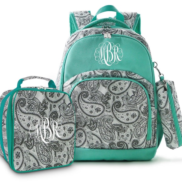 COMFORT BACKPACK with Pencil Case & Lunch box- Grey/White Paisley Ultra-lightweight Waterproof Girls