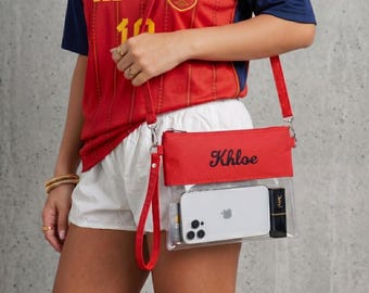 Personalized Monogram Clear Crossbody Bag with Adjustable Strap & Wristley, Stadium Approved Transparent Purse, Multiple Colors