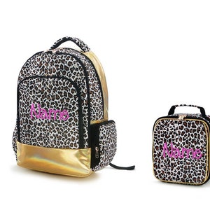 Personalized Classic School Backpack & Lunch box - LEOPARD Polyester Waterproof Fabric with Gold PU Leather for Girls