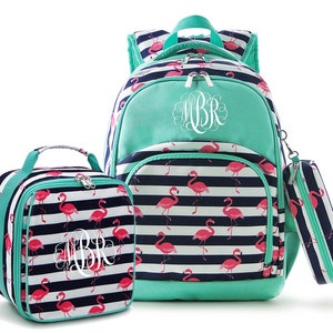 Backpack Set (with Lunch Box Pencil case)- Navy Stripes Hotpink Flamingo Ultra-lightweight Waterproof Girls