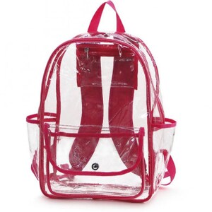 May include: Clear plastic backpack with a bright pink trim. The backpack has a large main compartment and a smaller front pocket.
