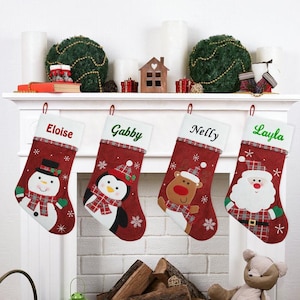 Personalized Christmas Stockings, Christmas Characters, Monogrammed Holiday Decor, Exquisite plaid decoration Details, Perfect for Gifts.