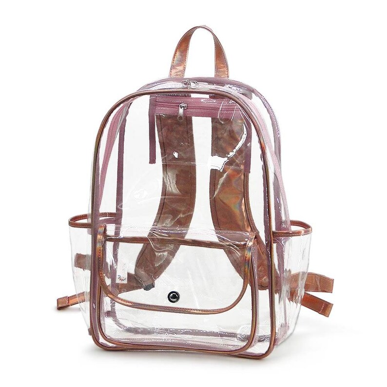 May include: Clear plastic backpack with rose gold accents. The backpack has a large main compartment, a front pocket, and two side pockets. The straps are adjustable.