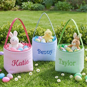 Personalized Seersucker Easter Basket, Kids Easter Gift, Embroidered Name, Toddler Egg Hunt Bag