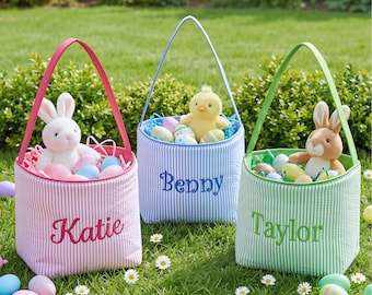 Personalized Seersucker Easter Basket, Kids Easter Gift, Embroidered Name, Toddler Egg Hunt Bag