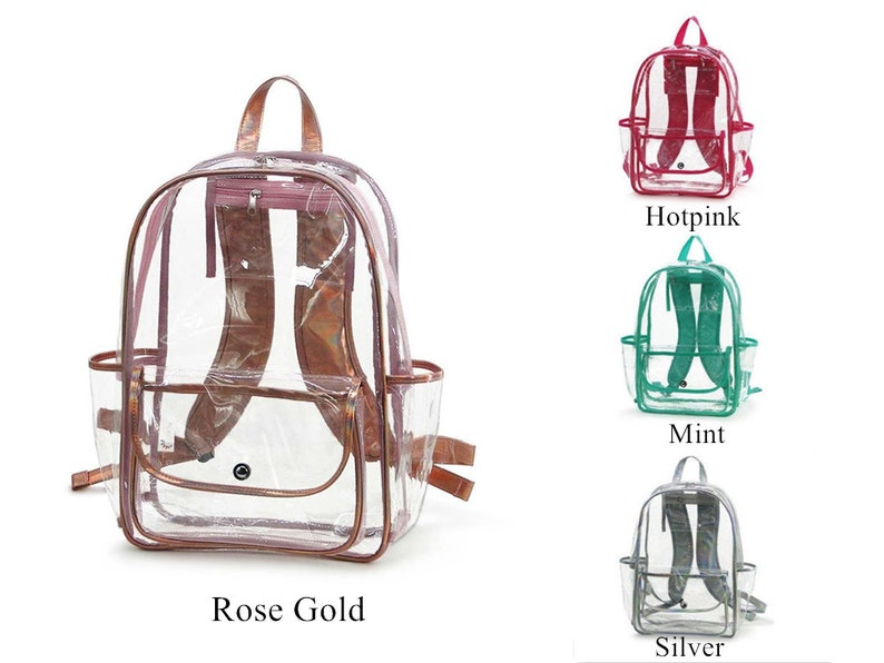 May include: Four clear plastic backpacks with different colored trim. The backpacks are shown in rose gold, hot pink, mint green, and silver.