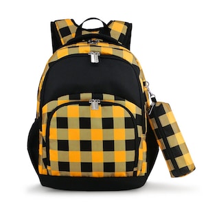 May include: Black and yellow checkered backpack with a matching pencil case. The backpack has a large main compartment and a smaller front pocket. The pencil case is attached to the backpack with a zipper.