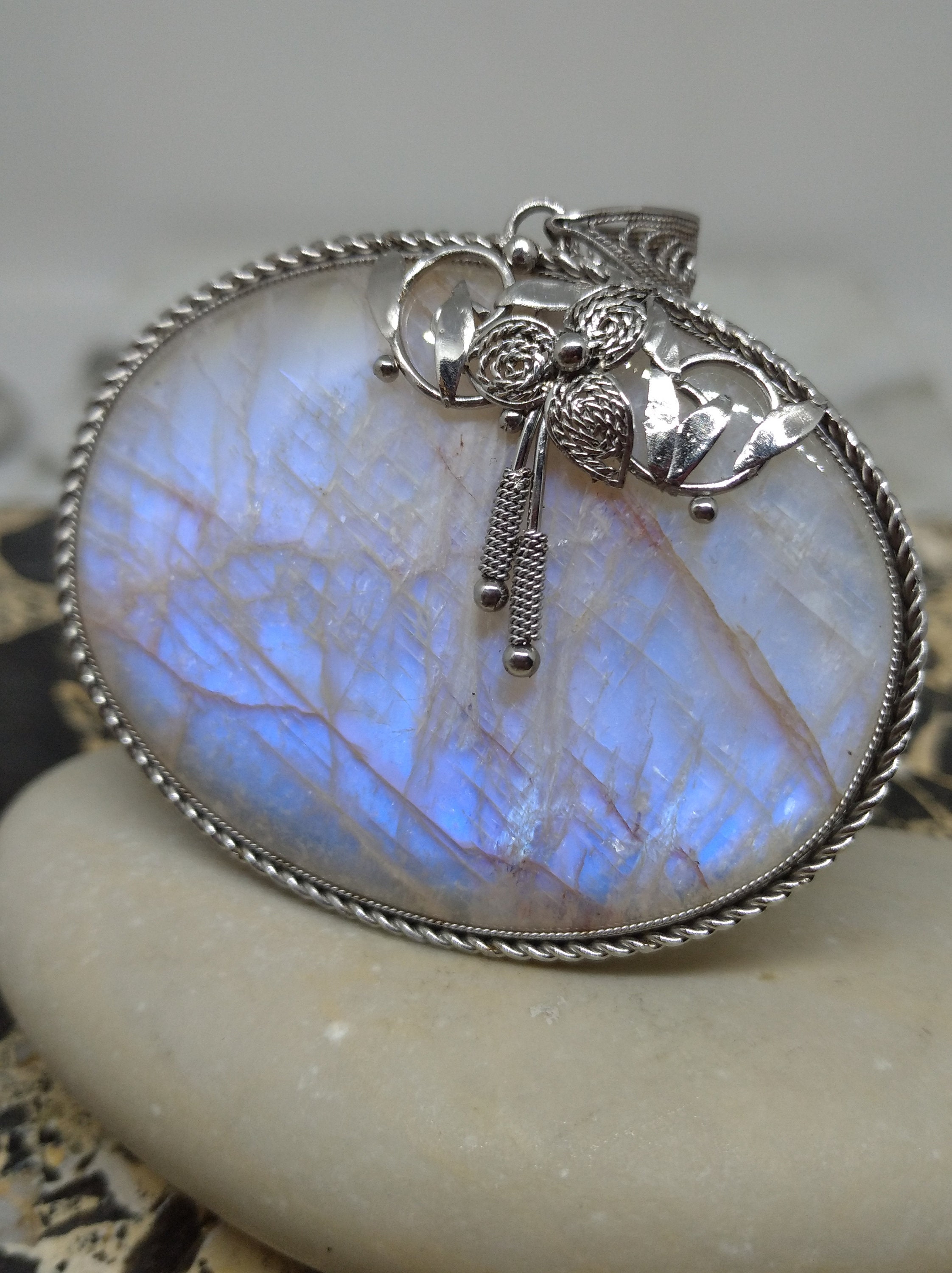 Moonstone pendant iridescent stone filigree steel jewelry | Etsy