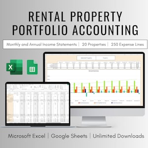 Rental Property Portfolio Accounting Spreadsheet for Excel and Google Sheets ,  Landlord Accounting and Bookkeeping Spreadsheet Template