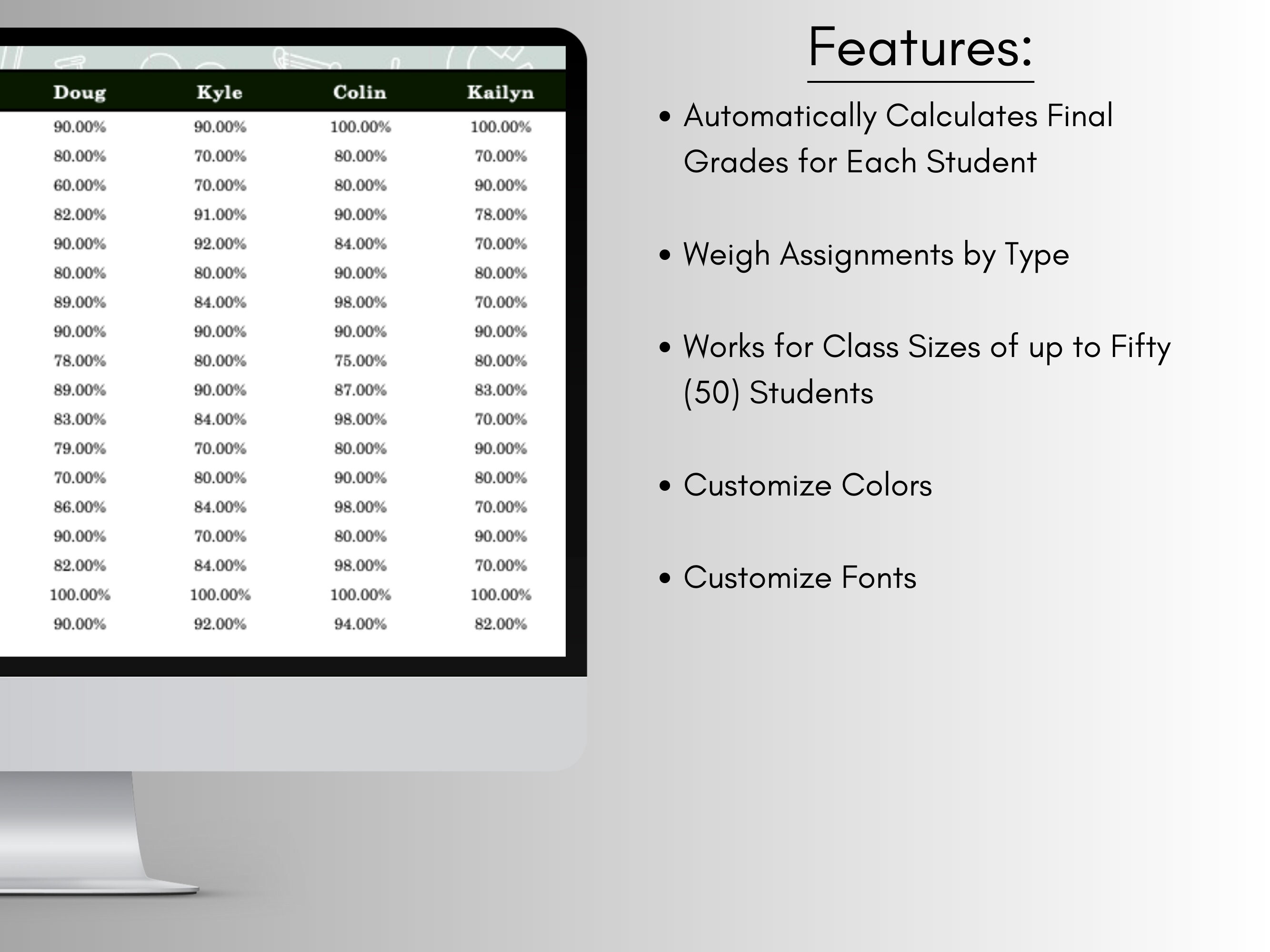 Gradebook Spreadsheet Template for Excel & Google Sheets , Grade ...