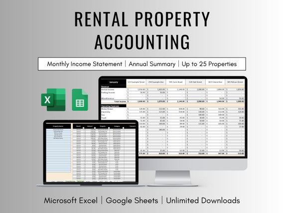 Rental Property Accounting Spreadsheet for Excel and Google Sheets, Rental Property Income Statement, Rental Income and Expense Tracker