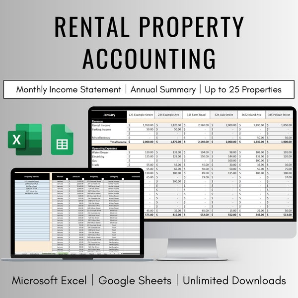 Rental Property Accounting Spreadsheet for Excel and Google Sheets, Rental Property Income Statement, Rental Income and Expense Tracker