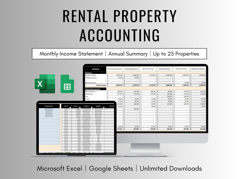 May include: A computer screen displaying a spreadsheet for rental property accounting. The spreadsheet includes columns for income and expenses, and is organized by month and property. The spreadsheet is titled "Rental Property Accounting" and includes the text "Monthly Income Statement | Annual Summary | Up to 25 Properties". The image also shows icons for Microsoft Excel and Google Sheets.