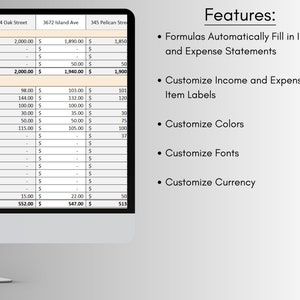 May include: A computer screen displaying a spreadsheet with financial data and a list of features. The features include formulas that automatically fill in income and expense statements, customizable income and expense line item labels, customizable colors, fonts, and currency.