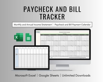 Paycheck and Bill Tracker dla Excela i Arkuszy Google, Kalendarz dochodów i wydatków osobistych, Tracker dochodów i wydatków, Planista finansowy