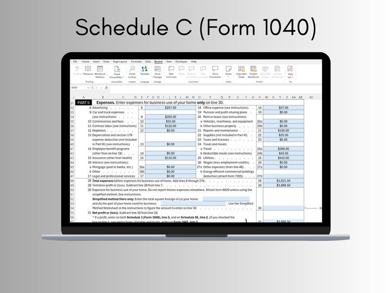 Schedule C Form 1040 Bookkeeping Spreadsheet for Excel and Google