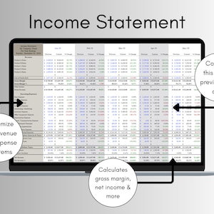 May include: A laptop screen showing an income statement with financial data. Text on the screen includes "Income Statement", "Customise your revenue and expense line items", "Compare this year to previous year data", and "Calculates gross margin, net income & more".