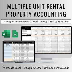 以下が含まれることがあります： 複数のユニットの賃貸物件の会計のためのスプレッドシートが表示されたコンピューター画面。スプレッドシートには、毎月の収入明細書、年間サマリー、最大75ユニットの追跡が含まれています。スプレッドシートは、Microsoft ExcelとGoogle Sheetsで利用できます。