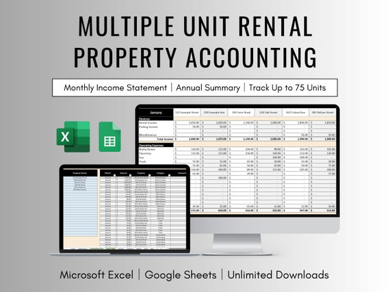 Multiple Unit Rental Property Accounting Spreadsheet for Excel and Google Sheets , Multiple Unit Rental Property Income and Expense Tracker
