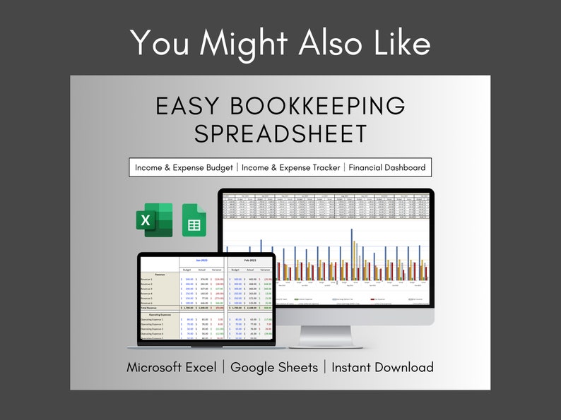 May include: A computer monitor and tablet showing a bookkeeping spreadsheet. The text reads "Easy Bookkeeping Spreadsheet" and includes options for income and expense tracking. The image also shows Microsoft Excel and Google Sheets logos.