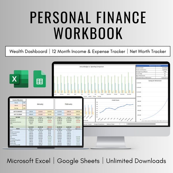 Libro de trabajo de finanzas personales para Excel y Google Sheets, rastreador de ingresos y gastos, rastreador de finanzas personales, rastreador de puntaje crediticio