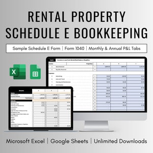 Rental Property Schedule E Form 1040 Accounting Spreadsheet for Excel and Google Sheets , Rental Property Tax Bookkeeping Spreadsheet