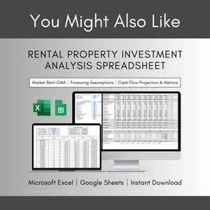 May include: A computer screen displaying a spreadsheet titled "Rental Property Investment Analysis Spreadsheet". The spreadsheet is divided into three sections: Market Rent CMA, Financing Assumptions, and Cash Flow Projection & Metrics. The spreadsheet is available in Microsoft Excel and Google Sheets formats. The text "Instant Download" is also visible on the screen.