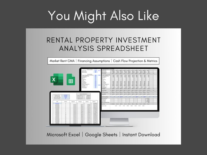 May include: A computer screen displaying a spreadsheet titled "Rental Property Investment Analysis Spreadsheet". The spreadsheet is divided into three sections: Market Rent CMA, Financing Assumptions, and Cash Flow Projection & Metrics. The spreadsheet is available in Microsoft Excel and Google Sheets formats. The text "Instant Download" is also visible on the screen.