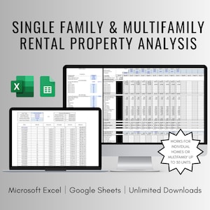 May include: Image of computer screens displaying rental property analysis spreadsheets. The text reads "SINGLE FAMILY & MULTIFAMILY RENTAL PROPERTY ANALYSIS." Includes Microsoft Excel and Google Sheets icons. Text: "WORKS FOR INDIVIDUAL HOMES OR MULTIFAMILY UP TO 30 UNITS."