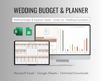Szablon arkusza kalkulacyjnego do planowania i budżetowania ślubu dla programów Excel i Arkuszy Google, narzędzie do śledzenia budżetu i kontaktów na temat planowania ślubu